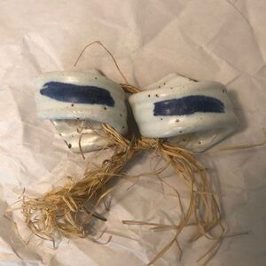Vintage Studio Pottery Napkin Rings Set Of 2 White With Blue Flair